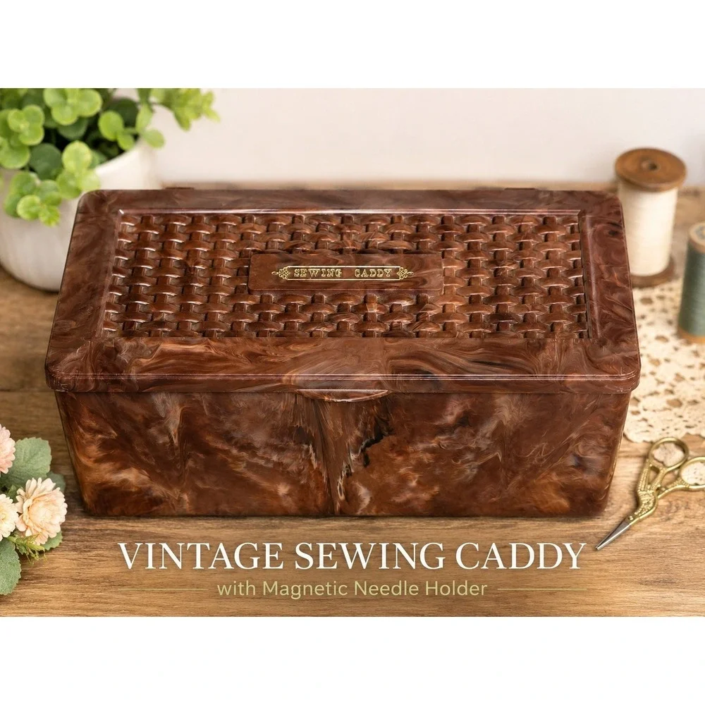 Brown Plastic Sewing Caddy w\ Handle, Magnetic Needle Holder & Organizer Vintage